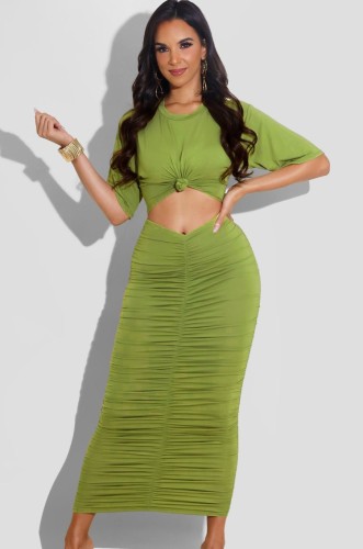 Green Short Sleeve O-Neck Crop Top and Ruched Long Dress Two Piece Set