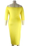 Plus Size Yellow Off Shoulder Half Sleeve Long Slim Fit Dress