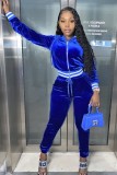 Blue Velvet Long Sleeves Drawstring Hoody Top and Pants Two Piece Set