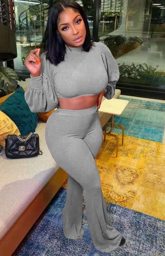 Grey Puff Sleeve Crop Top and High Waist Pants Two Piece Set