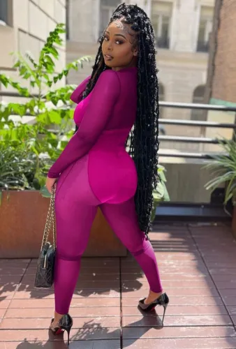 Purple Mesh Patch Long Sleeve Turtleneck Slinky Jumpsuit