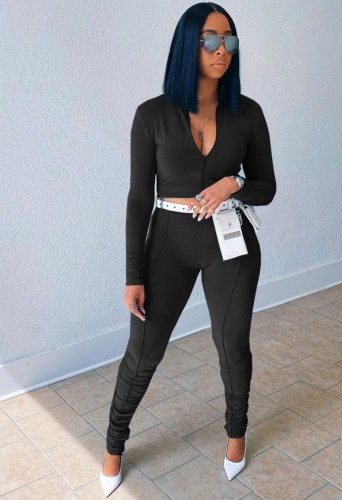Black Zipper Up Long Sleeve Crop Top and Pants Two Piece Set