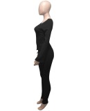 Black Zipper Up Long Sleeve O-Neck Top and Pants Two Piece Set