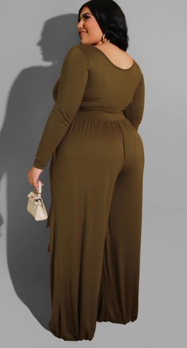 Plus Size Brown Long Sleeve O-Neck Top and Wide Pant with Belt Two Piece Set