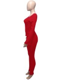 Red Zipper Up Long Sleeve O-Neck Top and Pants Two Piece Set