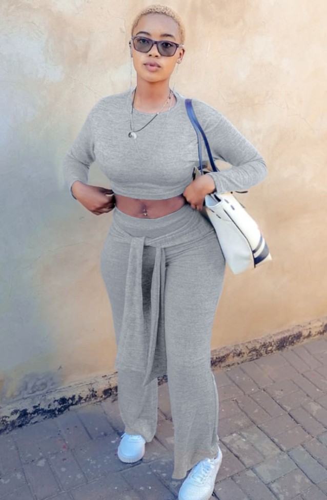 Grey Long Sleeves O-Neck Crop Top and Pants Two Piece Set
