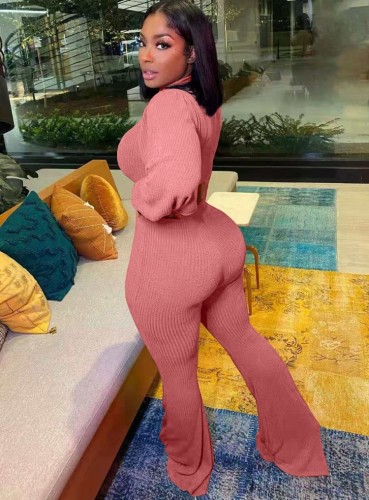 Pink Puff Sleeve Crop Top and High Waist Pants Two Piece Set