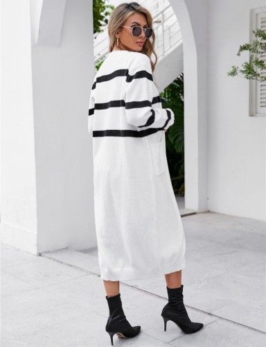 White Stripes Button Open Long Sweater Cardigans with Pockets