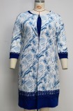 Plus Size Blue Short Sleeve Midi Dress and Long Coat Two Piece Set