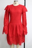 Red Hollow Out Bubble Sleeve O-Neck Layered Dress