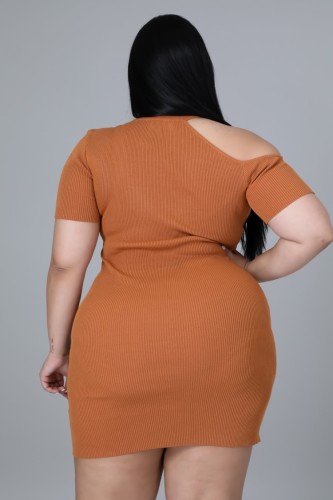 Plus Size Orange Cut Out Short Sleeve Slit Skinny Dress
