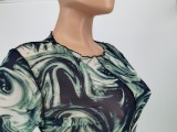 Print Green See Through Midi Slim Fit Dress