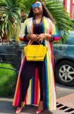 Plus Size Rainbow Color Stripes Long Sleeves Long Cardigan