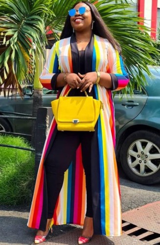 Plus Size Rainbow Color Stripes Long Sleeves Long Cardigan