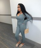 Grey Zipper Up Long Sleeve O-Neck Top and Pants Two Piece Set
