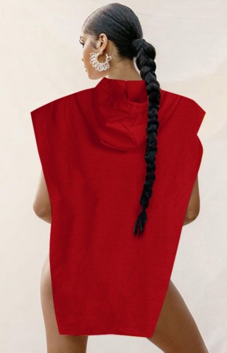 Red Hoody with Cap Sleeve Irregular Top