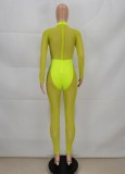 Green Mesh Patch Long Sleeve Turtleneck Slinky Jumpsuit