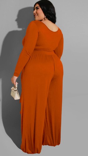 Plus Size Orange Long Sleeve O-Neck Top and Wide Pant with Belt Two Piece Set