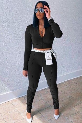 Black Zipper Up Long Sleeve Crop Top and Pants Two Piece Set