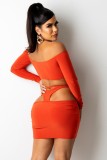 Orange Off Shoulder Lace Up Crop Top and Ruched Mini Skirt Two Piece Set