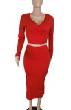 Red V-neck Long Sleeve Crop Top and Side Slit Long Skirt Two Piece Set
