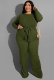 Plus Size Green Long Sleeve O-Neck Belted Top and Pant Two Piece Set