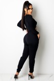 Black Ruched Long Sleeves Strings Bodycon Crop Top and Pants Two Piece Set