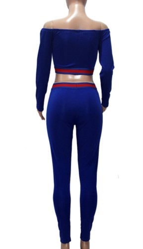 Red Piping Blue Off Shoulder Long Sleeve Crop Top and Skinny Pants Two Piece Set
