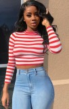 Casual Red Stripe Stand Collar Long Sleeve Crop Top