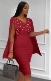 Red Beaded Sleeveless V-Neck Skinny Dress with Cape