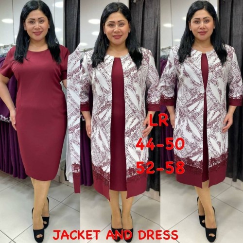 Plus Size Red Short Sleeve Midi Dress and Long Coat Two Piece Set
