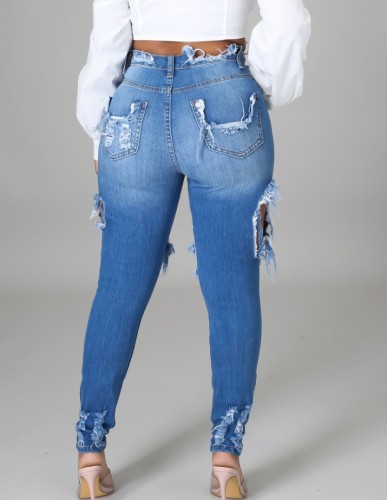 Dark Blue Ripped Distressed Knee-exposed High Waist Bodycon Jeans