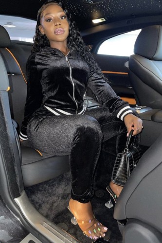 Black Velvet Long Sleeves Drawstring Hoody Top and Pants Two Piece Set