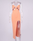 Pink Cut Out Slit Cami Halter Long Tight Dress