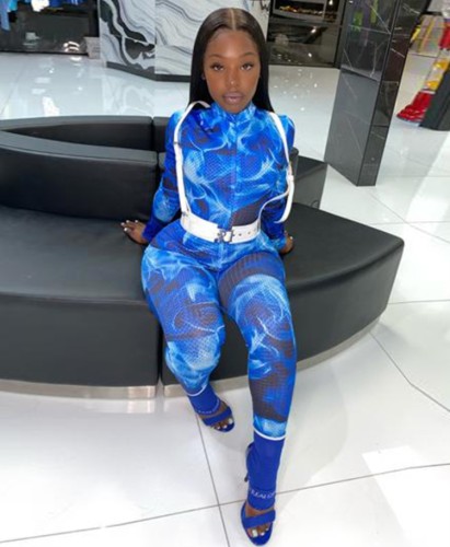 Print Blue Zipped Up Long Sleeve Fitted Jumpsuit
