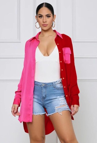 Pink and Red Contrast High Low Long Sleeve Blouse