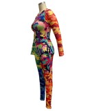 Multicolor Camou Print Long Sleeves O-Neck Top and Pants Two Piece Set