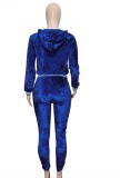 Blue Velvet Long Sleeves Drawstring Hoody Top and Pants Two Piece Set