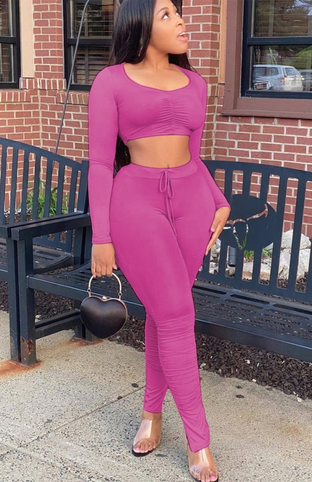Rose Ruched Long Sleeve Crop Top and Slim Fit Pant Two Piece Set