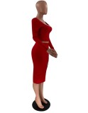 Red Square Neck Long Sleeves Crop Top and Slit Skirt Two Piece Set