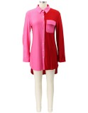 Pink and Red Contrast High Low Long Sleeve Blouse