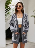 Grey Leopard Print Long Sleeves Sweater Cardigan