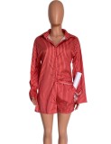 Red Stripes Button Up Long Blouse and Shorts Two Piece Set