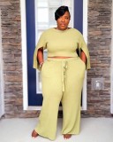 Plus Size Yellow Slit Long Sleeve O-Neck Top and Wide Pant Two Piece Set