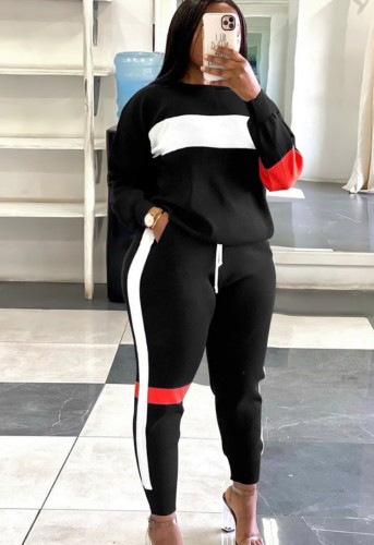 Color Block Long Sleeves Top and Drawstring Pants Two Piece Set