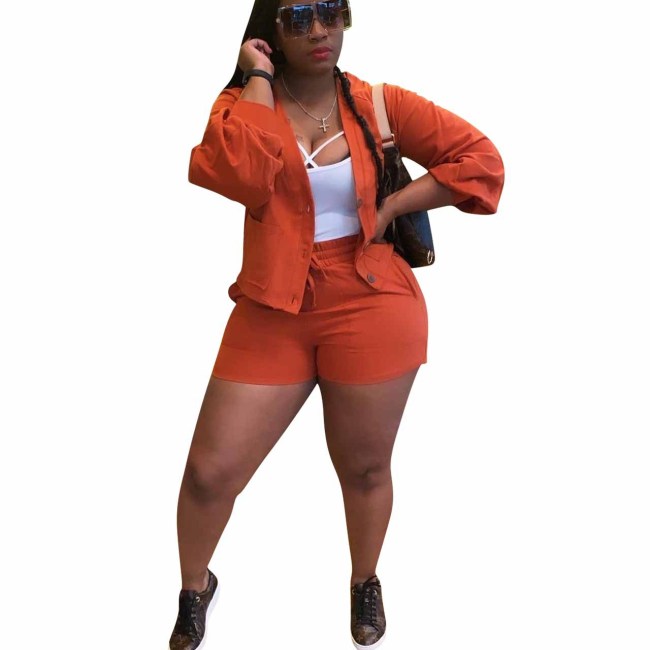 Orange Button Top and Shorts Two Piece Set