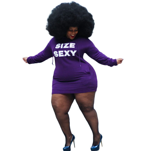 Plus Size Purple Letter Graphic Hooded Long Sleeve Short Dresses