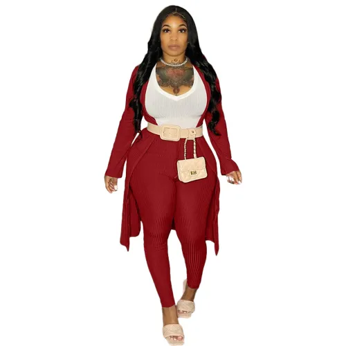 Black Ribbed Pants Set with Cardigan 3PCS Set