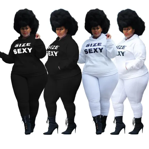 Plus Size Black Letter Graphic Hooded Plus Size Two Pieces