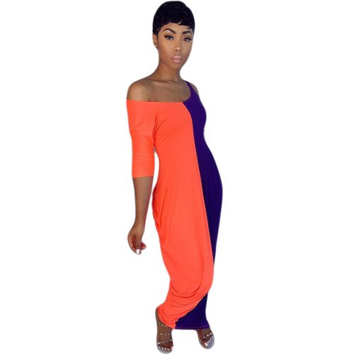 Color Block Loose Asymmetric Plus Size Long Dress